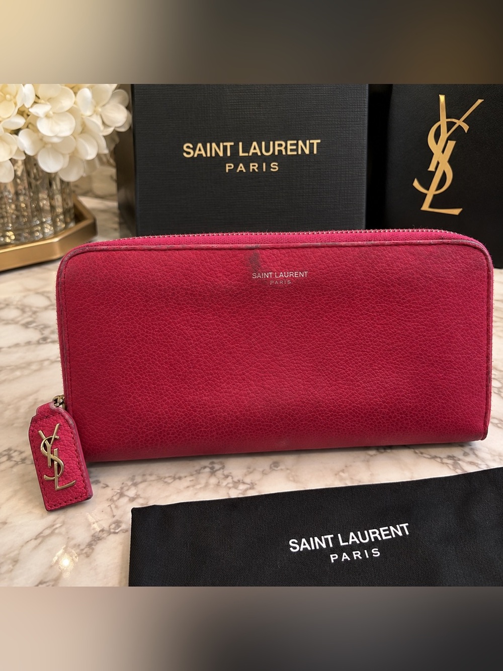 Saint Laurent YSL Pink Pebbled Leather Zip Around Wallet